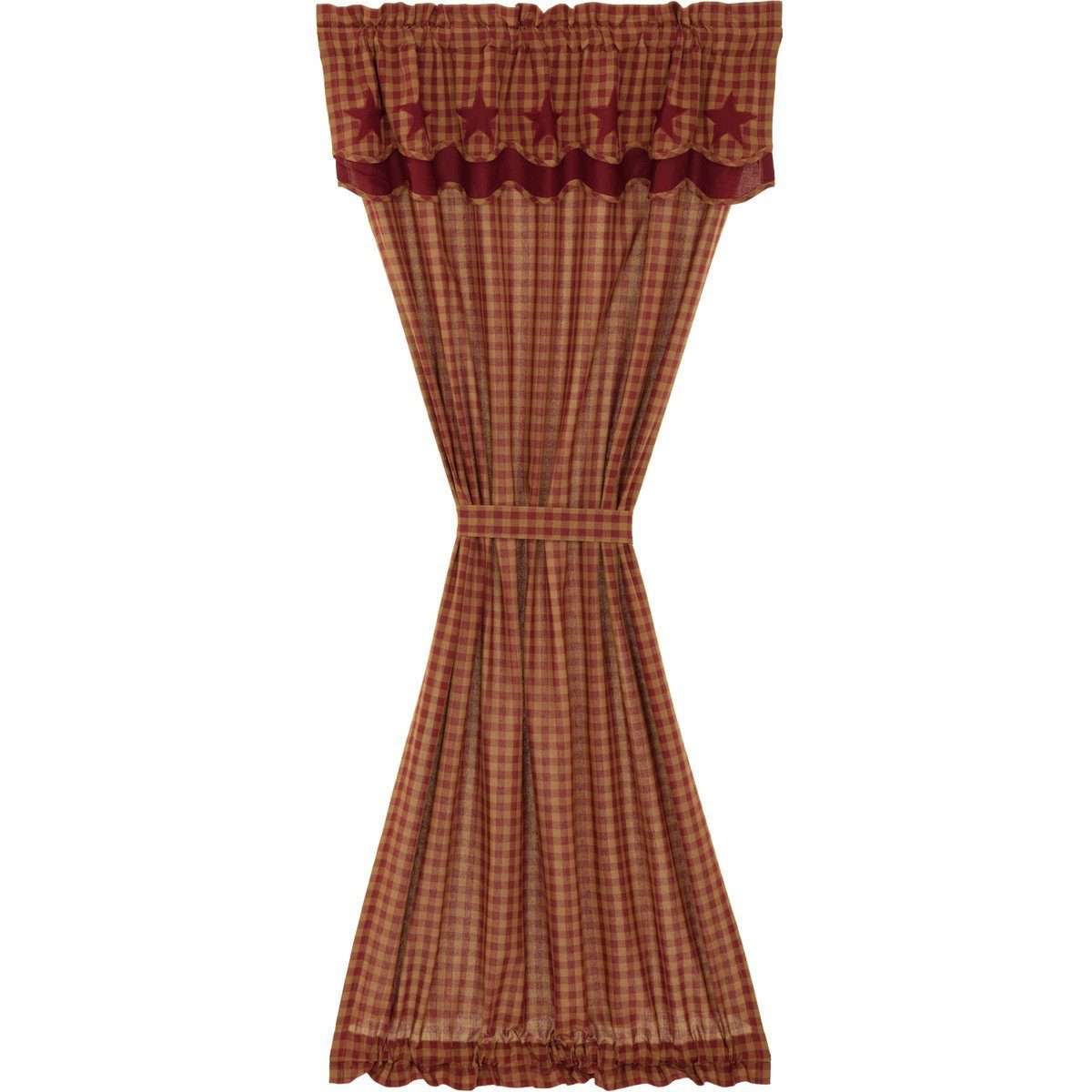 Burgundy Star Door Panel with Attached Scalloped Layered Valance 72"x40" - The Fox Decor