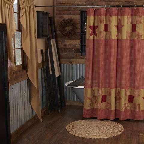 Classic Country Primitive Bath - Ninepatch Star Red Shower Curtain - The Fox Decor