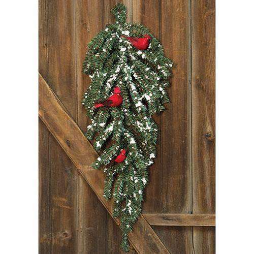 Snowy German Twig Teardrop w/Cardinals, 30" - The Fox Decor