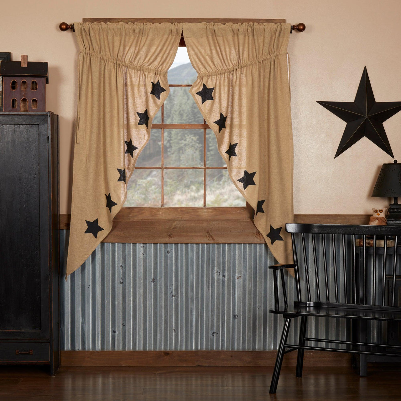 Burlap w/Black Stencil Stars Prairie Short Panel Curtain Set of 2 63x36x18