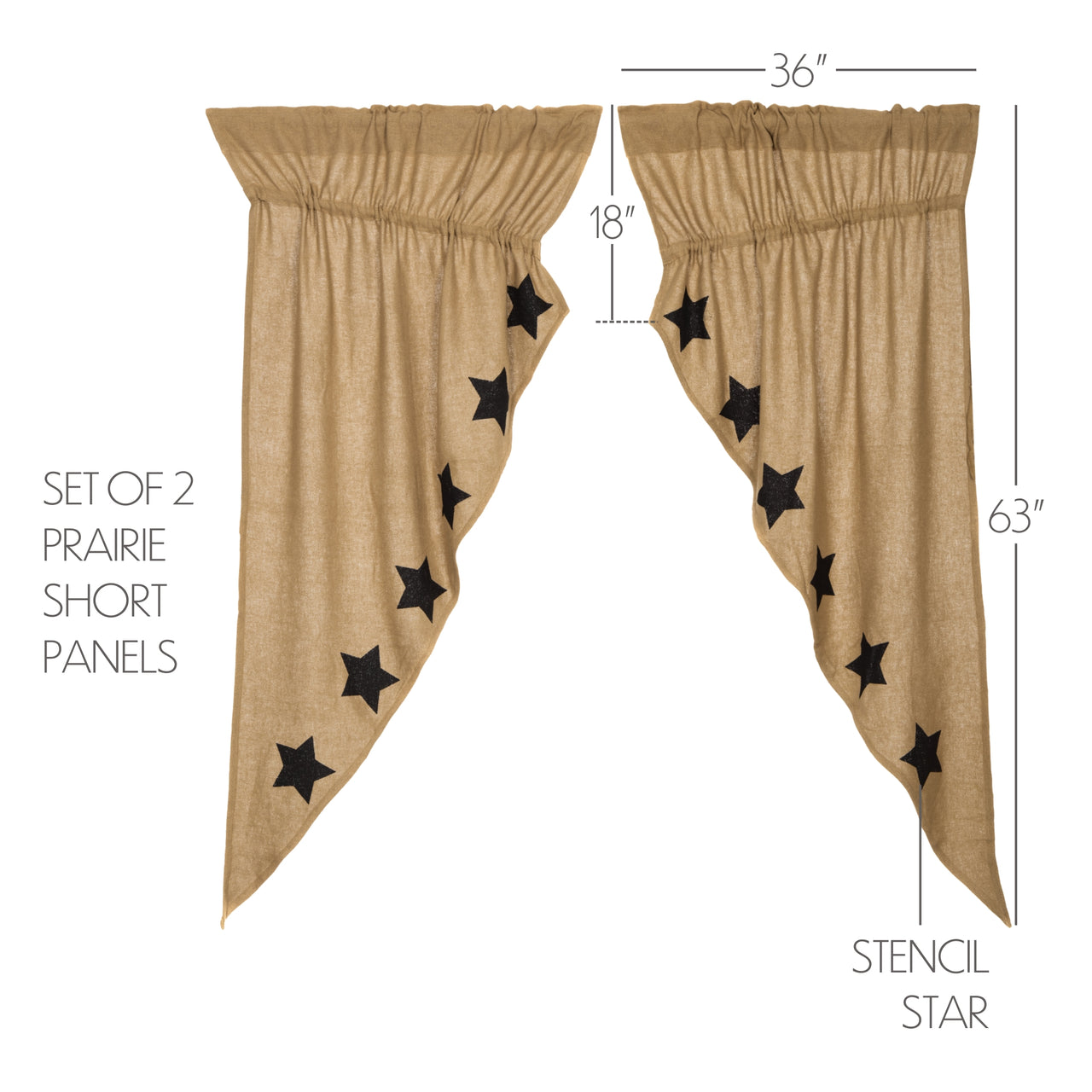 Burlap w/Black Stencil Stars Prairie Short Panel Curtain Set of 2 63x36x18