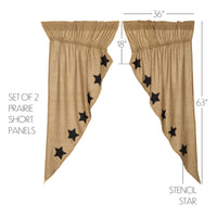 Thumbnail for Burlap w/Black Stencil Stars Prairie Short Panel Curtain Set of 2 63x36x18