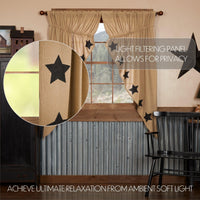 Thumbnail for Burlap w/Black Stencil Stars Prairie Short Panel Curtain Set of 2 63x36x18 - The Fox Decor