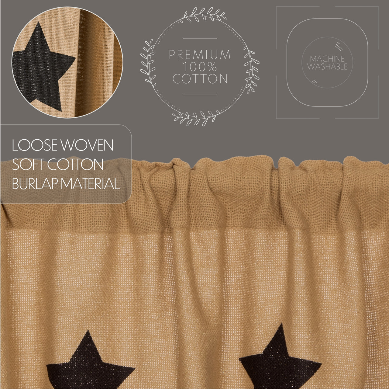 Burlap w/Black Stencil Stars Prairie Short Panel Curtain Set of 2 63x36x18