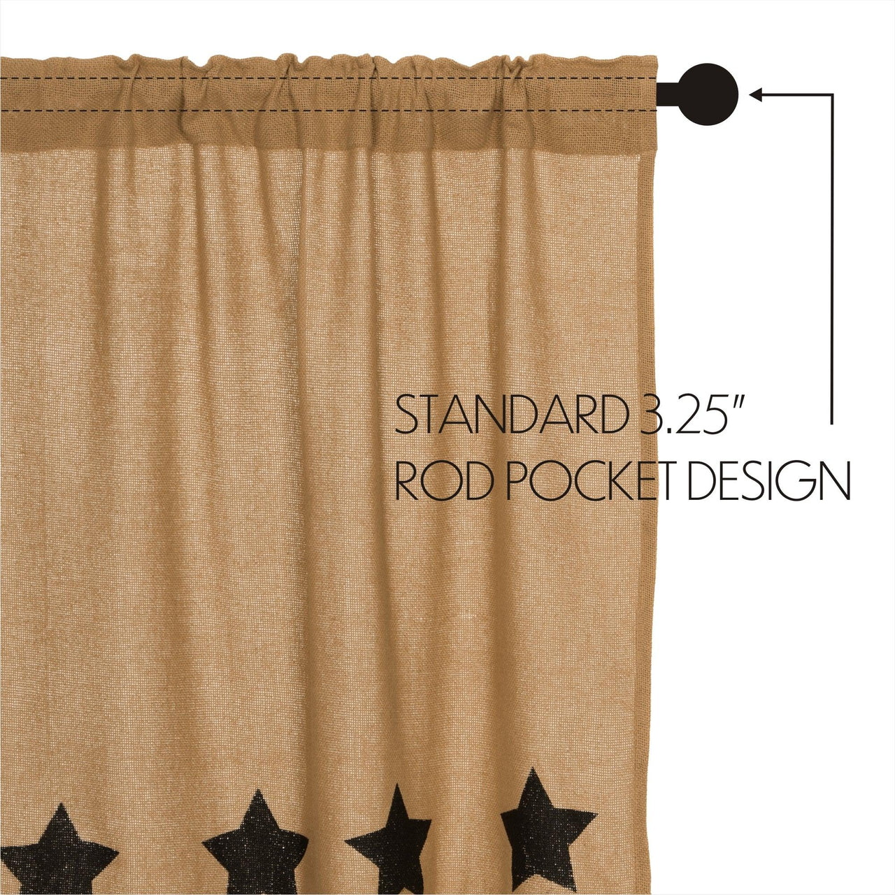 Burlap w/Black Stencil Stars Prairie Short Panel Curtain Set of 2 63x36x18