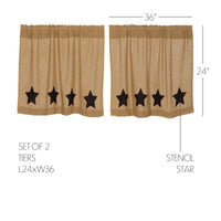 Thumbnail for Burlap w/Black Stencil Stars Tier Curtain Set of 2 L24xW36