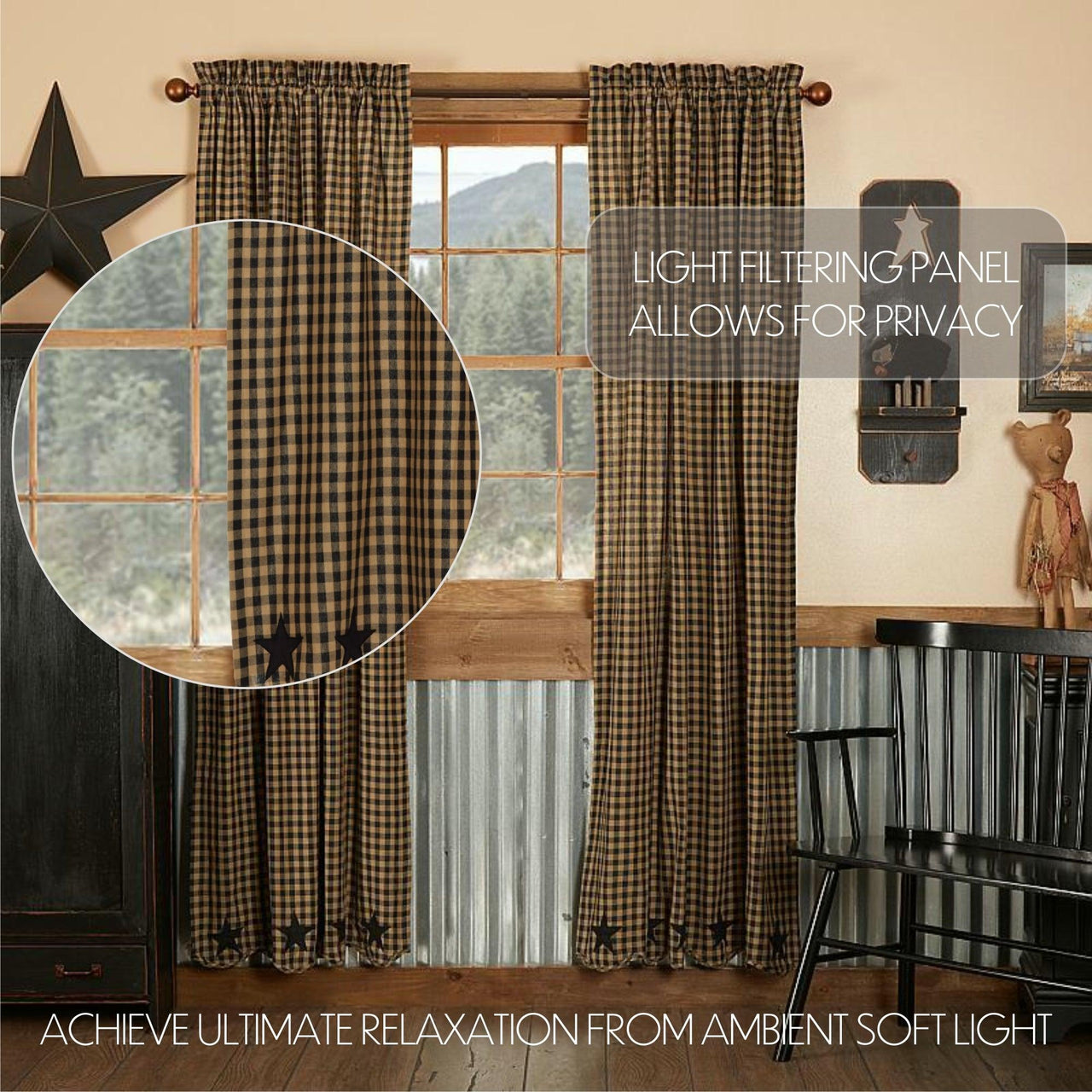 Black Star Scalloped Panel Curtain Set of 2 84x40 - The Fox Decor