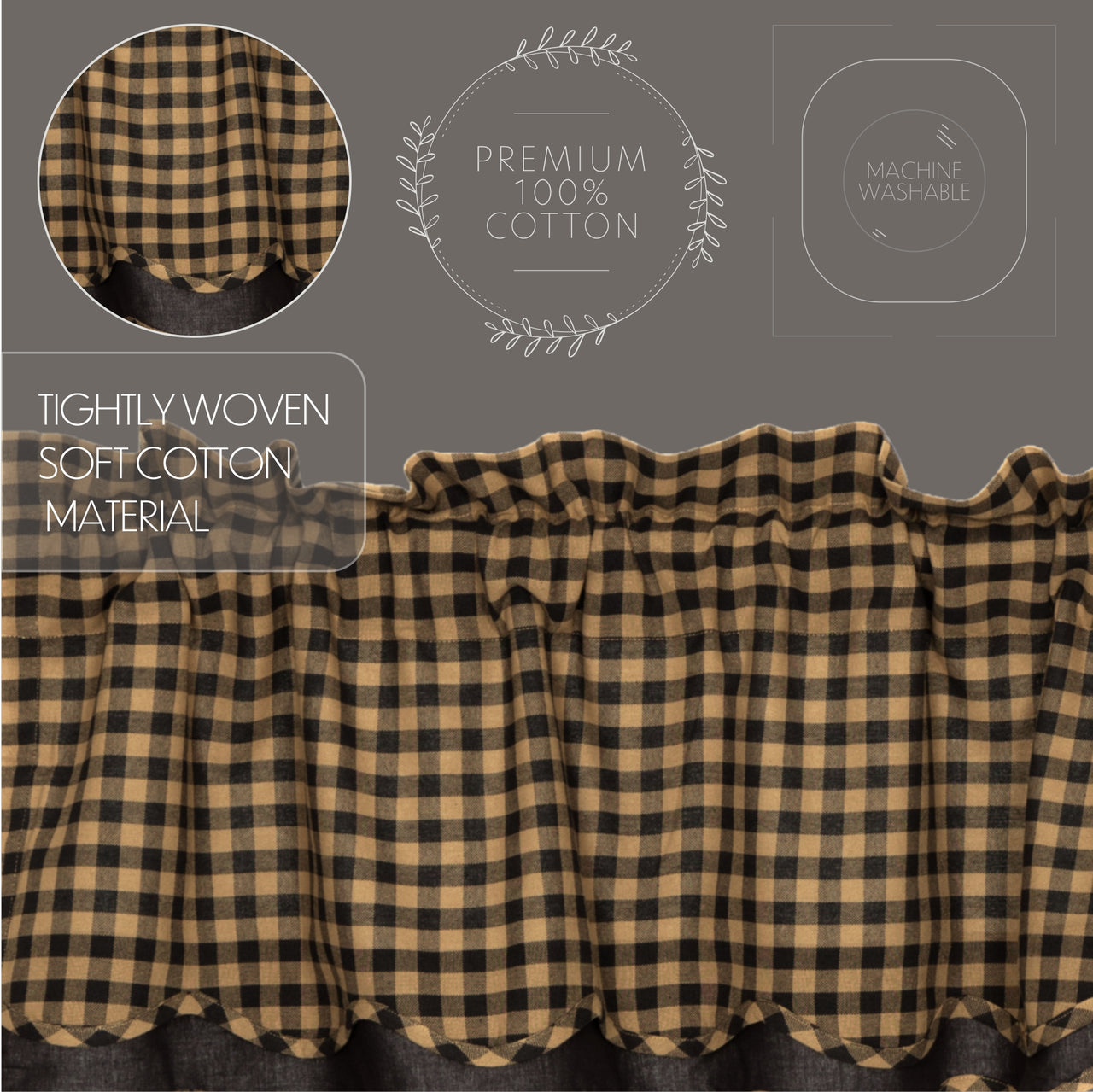 Black Check Scalloped Layered Valance Curtain 16x72
