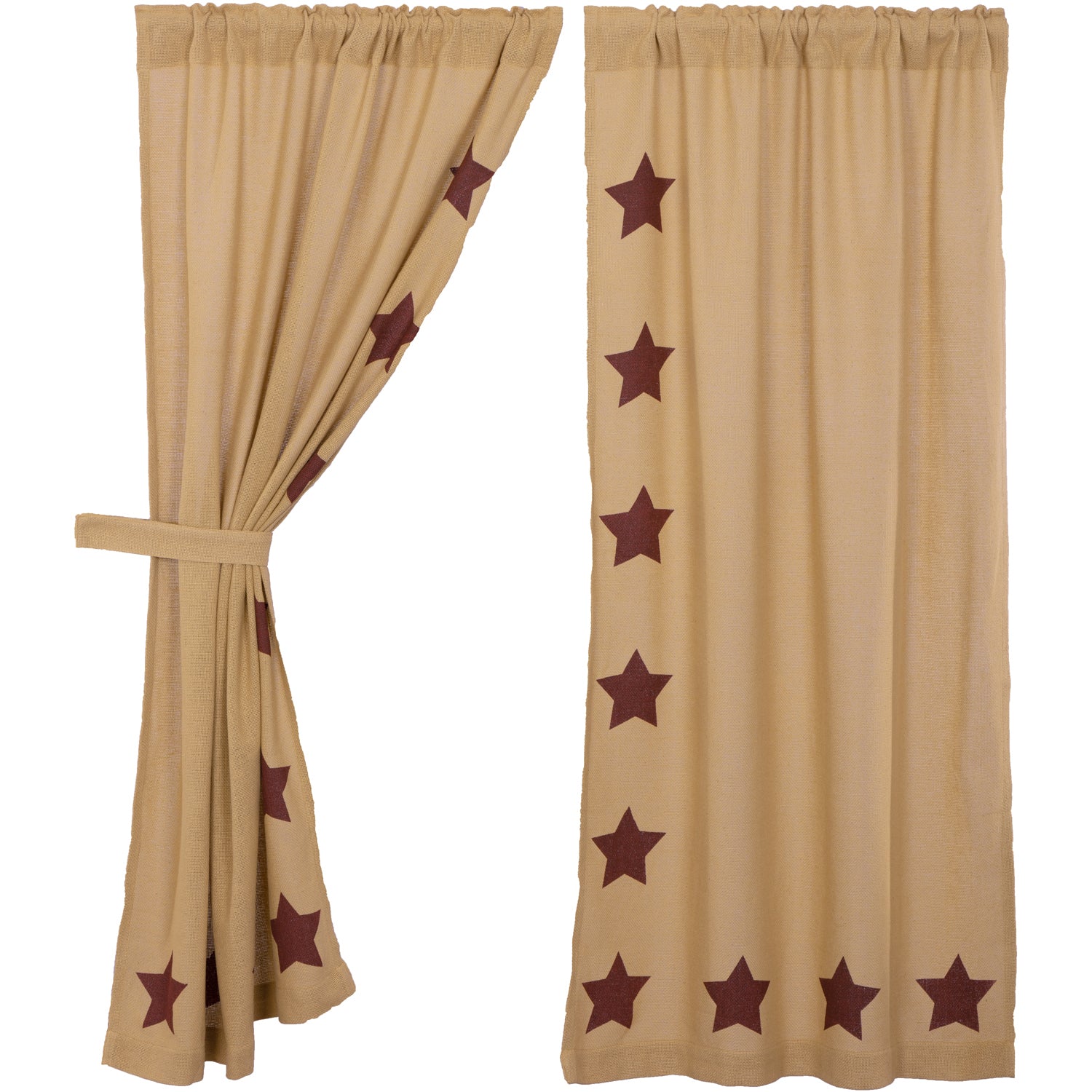 Burlap w/Burgundy Stencil Stars Short Panel Country Curtain Set of 2 36