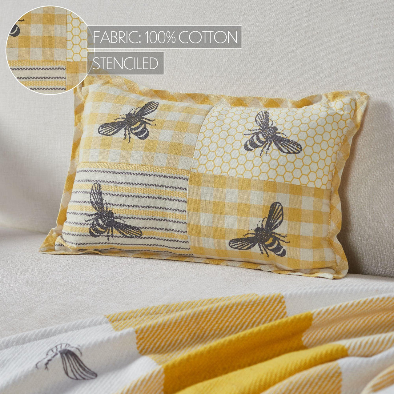 Buzzy Bees Patchwork Bee Pillow 9.5x14 - The Fox Decor