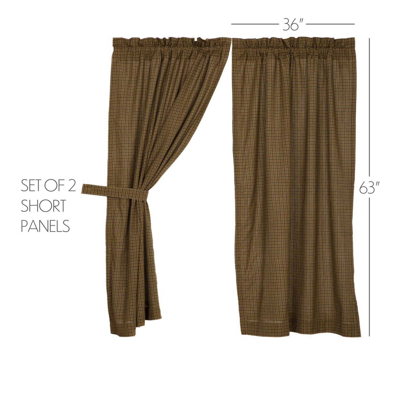 Tea Cabin Green Plaid Short Panel Curtain Set of 2 63x36