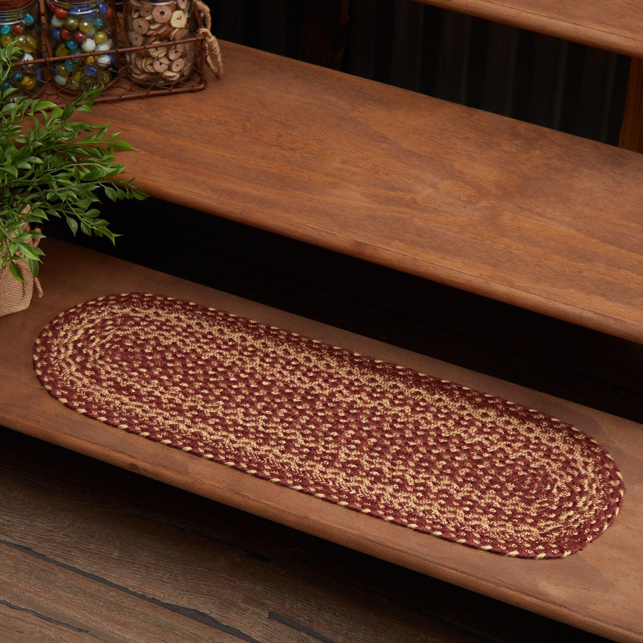 Burgundy Tan Jute Stair Tread Oval Latex 8.5x27 VHC Brands - The Fox Decor
