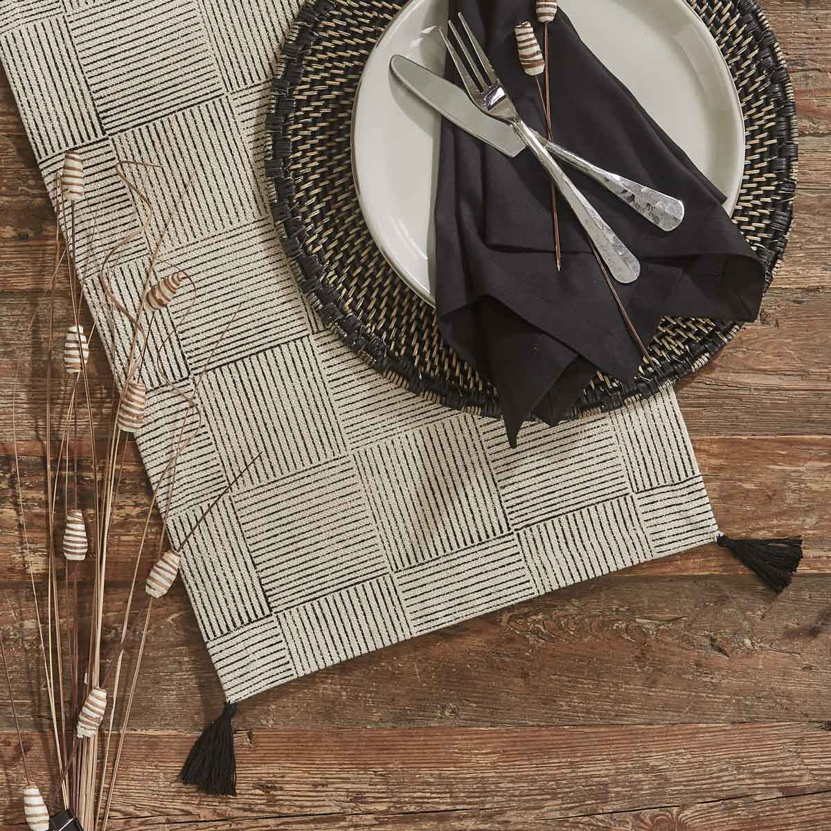 Black And Natural Block Print Table Runner 72"L Park Designs