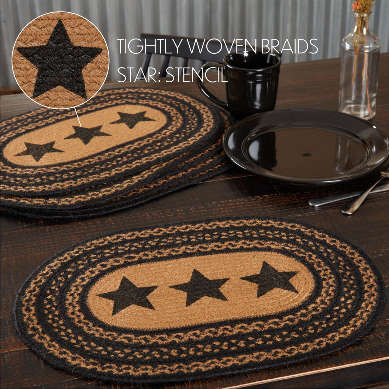 Farmhouse Jute Braided Placemats Stencil Stars Set of 6 - The Fox Decor