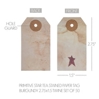 Primitive Star Tea Stained Paper Tag Burgundy 2.75x1.5 w/ Twine Set of 50 - The Fox Decor