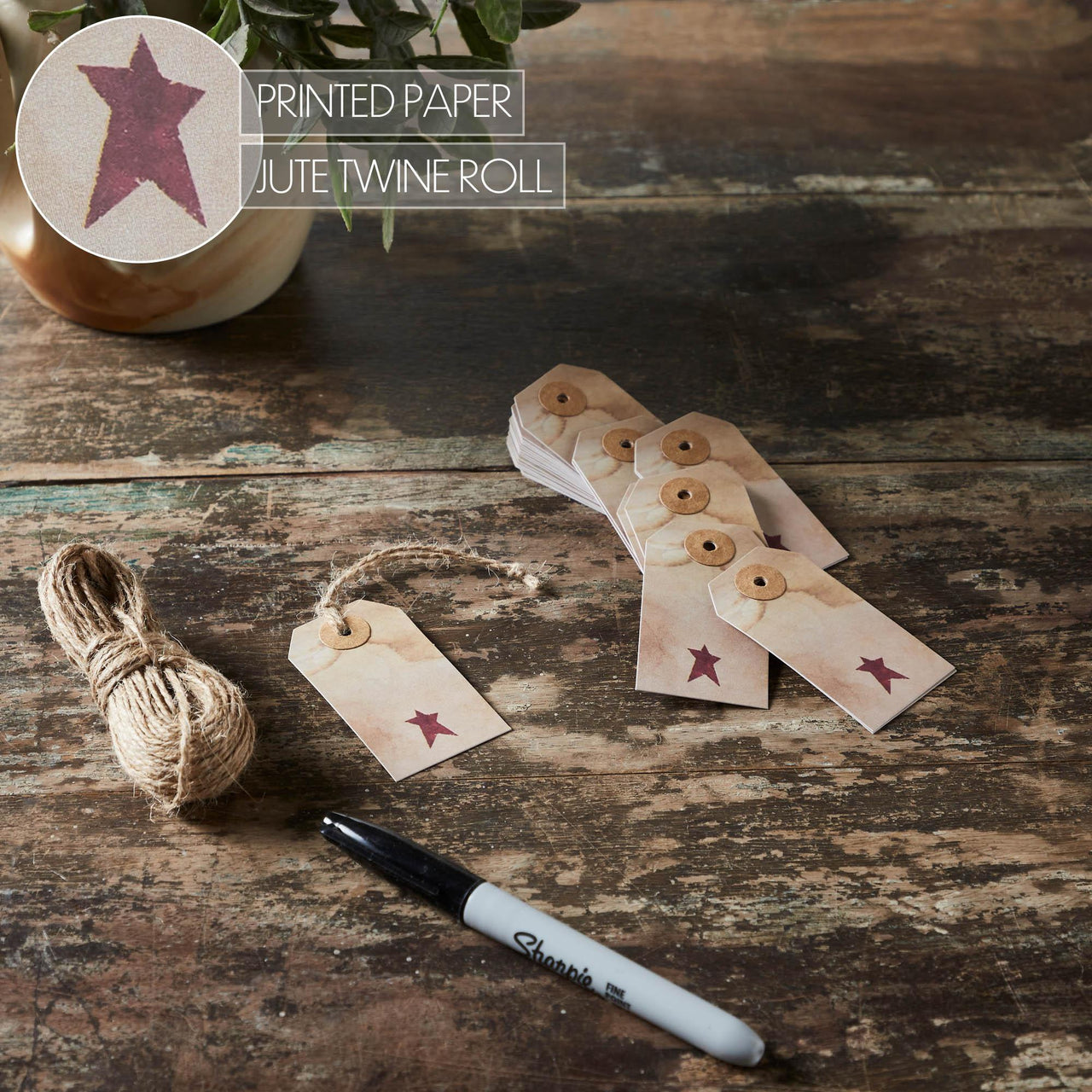 Primitive Star Tea Stained Paper Tag Burgundy 2.75x1.5 w/ Twine Set of 50 - The Fox Decor
