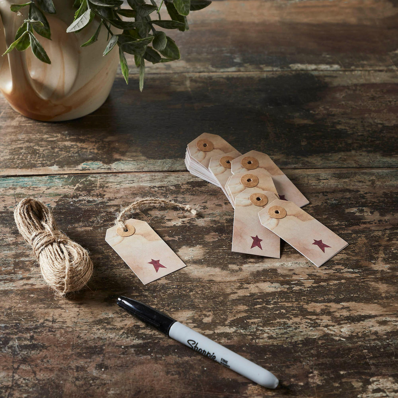 Primitive Star Tea Stained Paper Tag Burgundy 2.75x1.5 w/ Twine Set of 50 - The Fox Decor