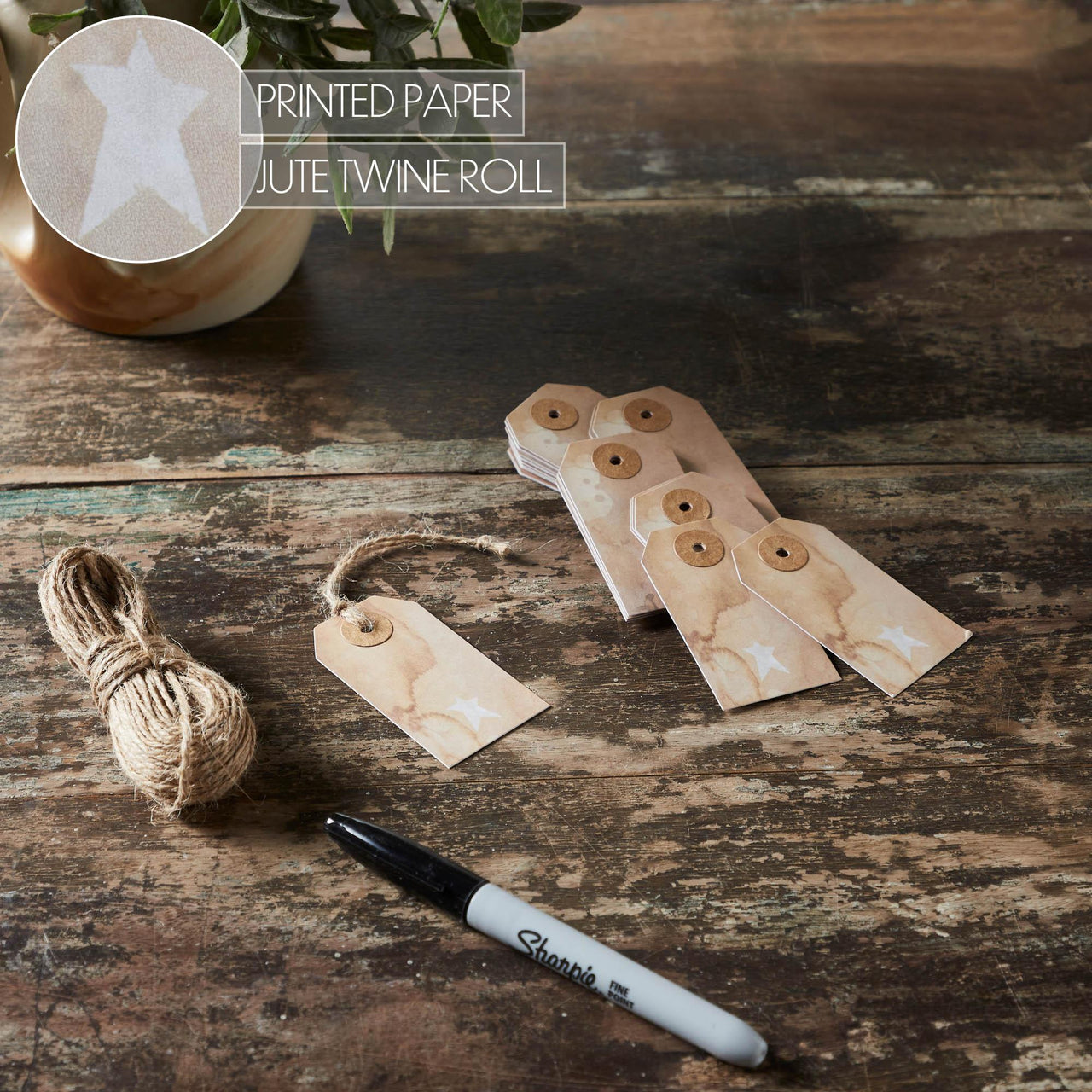 Primitive Star Tea Stained Paper Tag Creme 2.75x1.5 w/ Twine Set of 50 - The Fox Decor