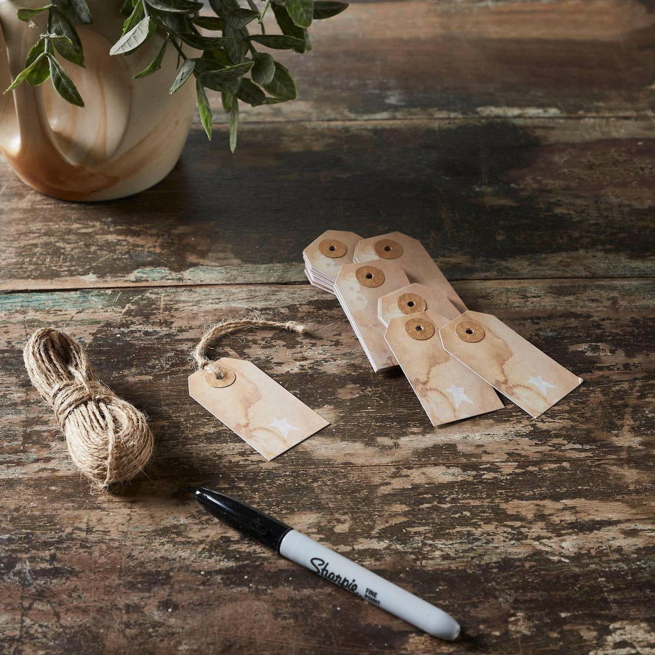 Primitive Star Tea Stained Paper Tag Creme 2.75x1.5 w/ Twine Set of 50 - The Fox Decor