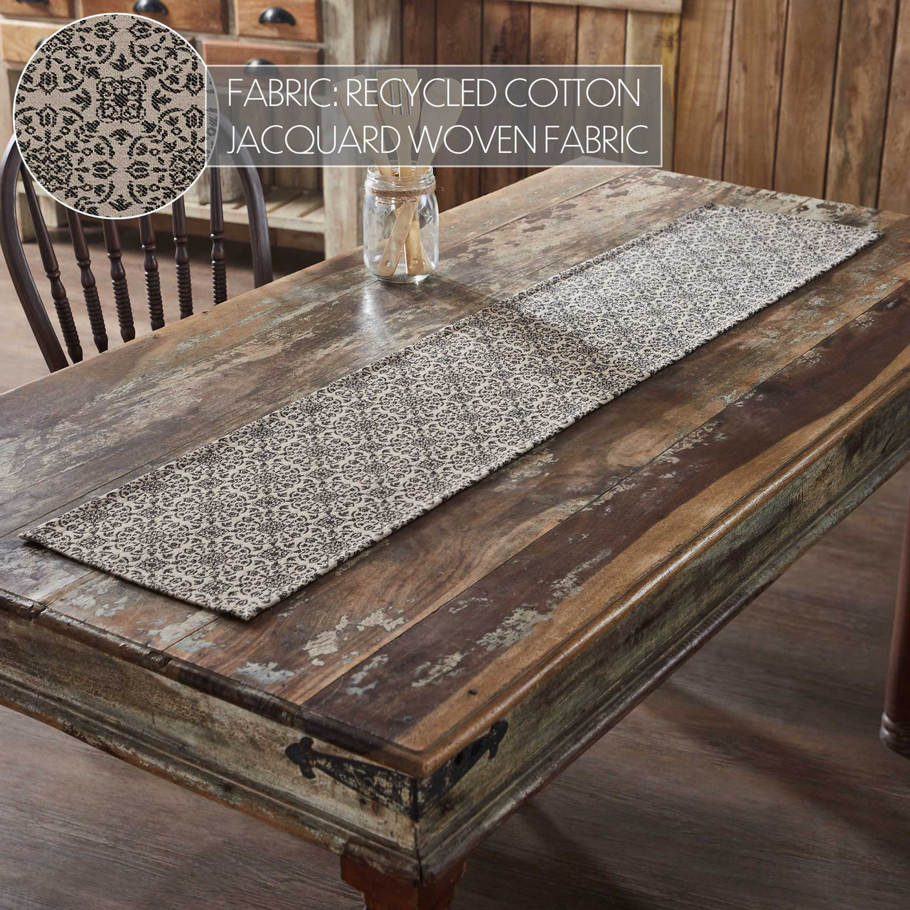 Custom House Black Tan Jacquard Runner 12x60" VHC Brands - The Fox Decor