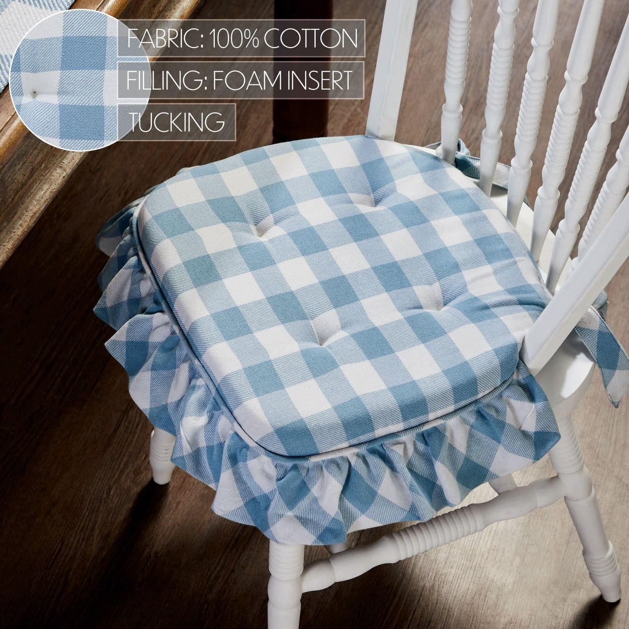 Annie Buffalo Check Blue Ruffled Chair Pad 16.5x18 - The Fox Decor
