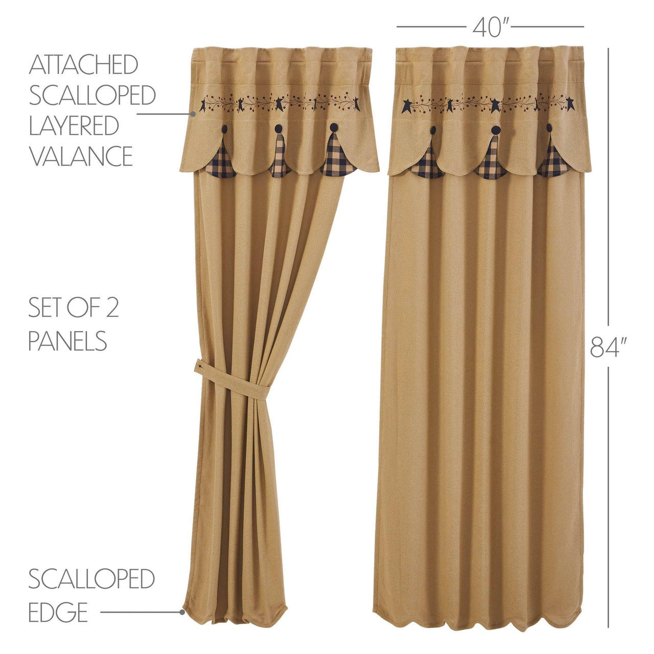 Pip Vinestar Panel with Attached Scalloped Layered Valance Set of 2 84x40 - The Fox Decor