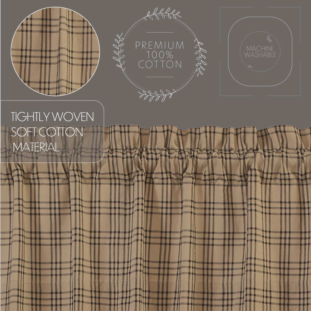 Sawyer Mill Charcoal Plaid Prairie Short Panel Curtain Set of 2 63x36x18