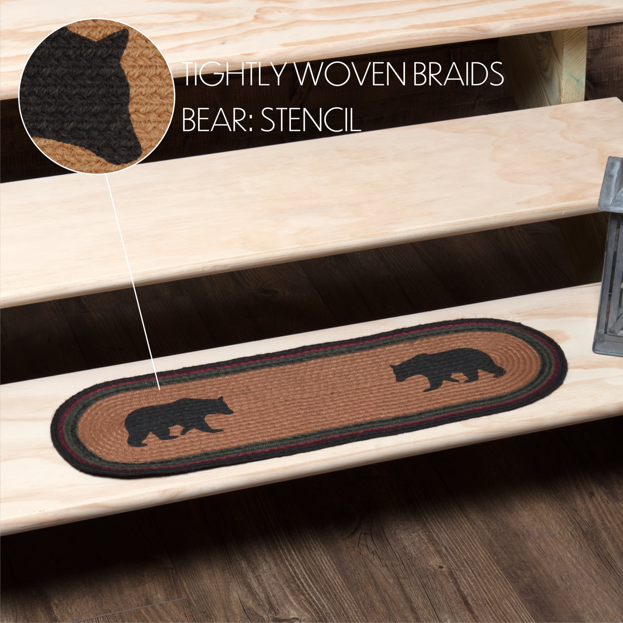 Wyatt Stenciled Bear Jute Stair Tread Oval Latex 8.5x27 VHC Brands