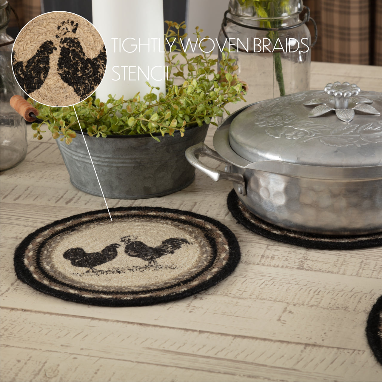 Sawyer Mill Charcoal Poultry Jute Trivet 8" VHC Brands - The Fox Decor