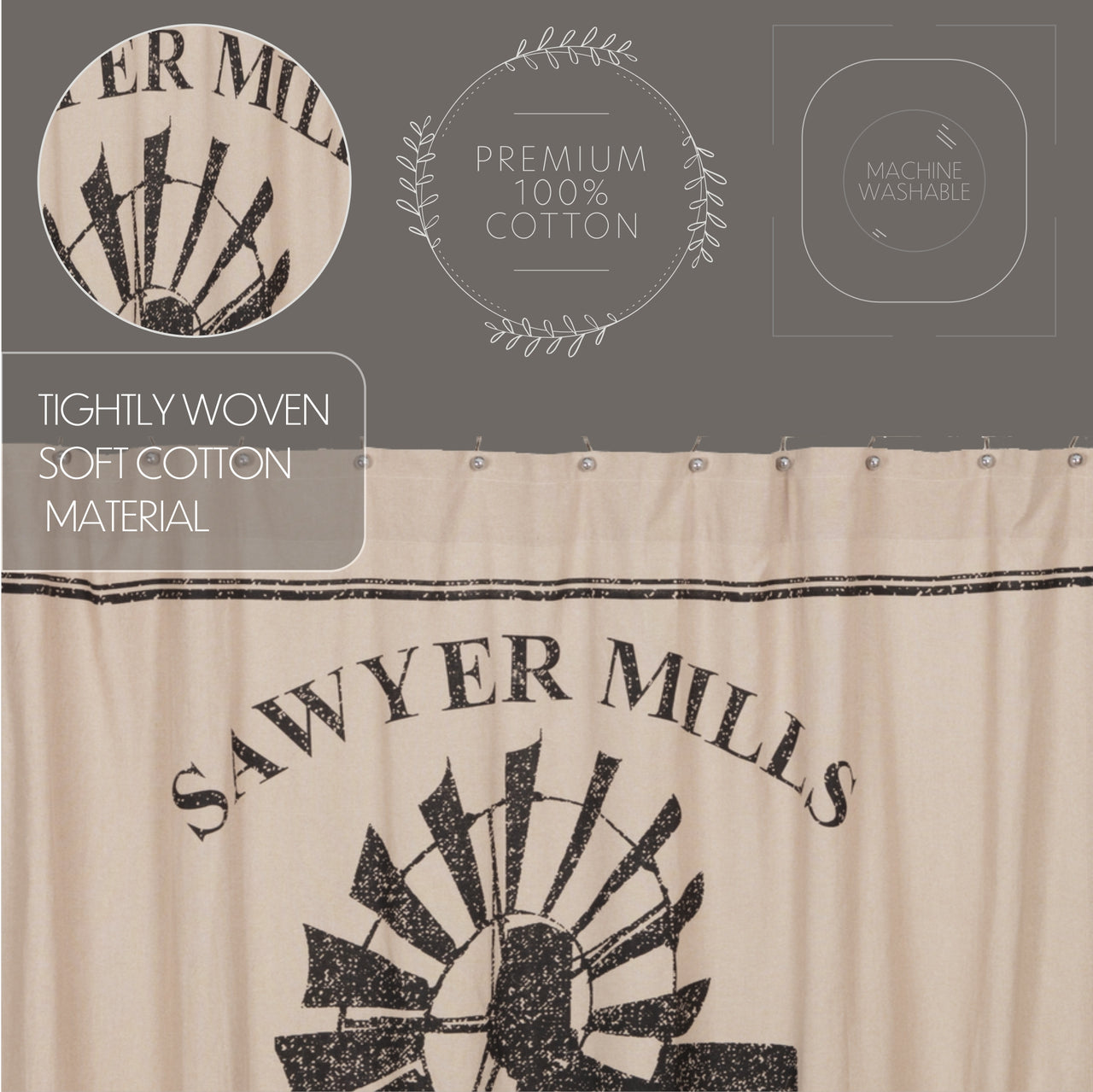 Sawyer Mill Charcoal Windmill Shower Curtain 72"x72"