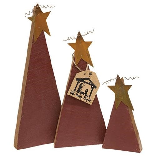 3 Set Distressed Rustic Wood Red Christmas Trees