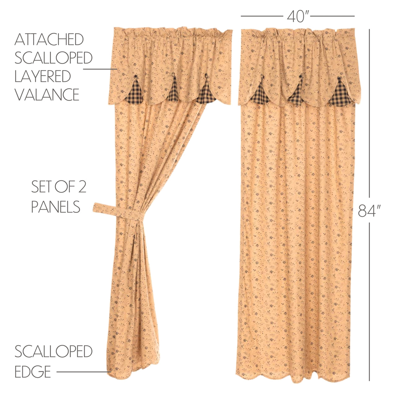 Maisie Panel Curtain with Attached Scalloped Layered Valance Country Style Curtain Set of 2 84"x40"