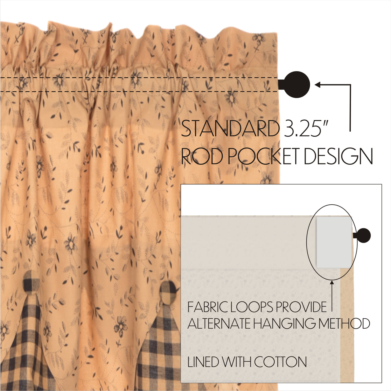 Maisie Panel Curtain with Attached Scalloped Layered Valance Country Style Curtain Set of 2 84"x40" - The Fox Decor