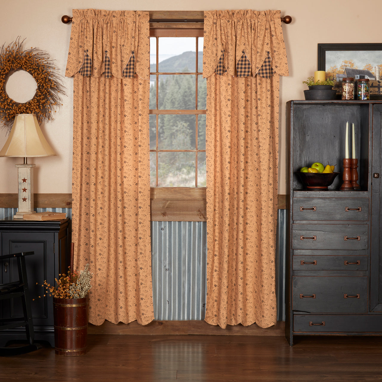 Maisie Panel Curtain with Attached Scalloped Layered Valance Country Style Curtain Set of 2 84"x40" - The Fox Decor