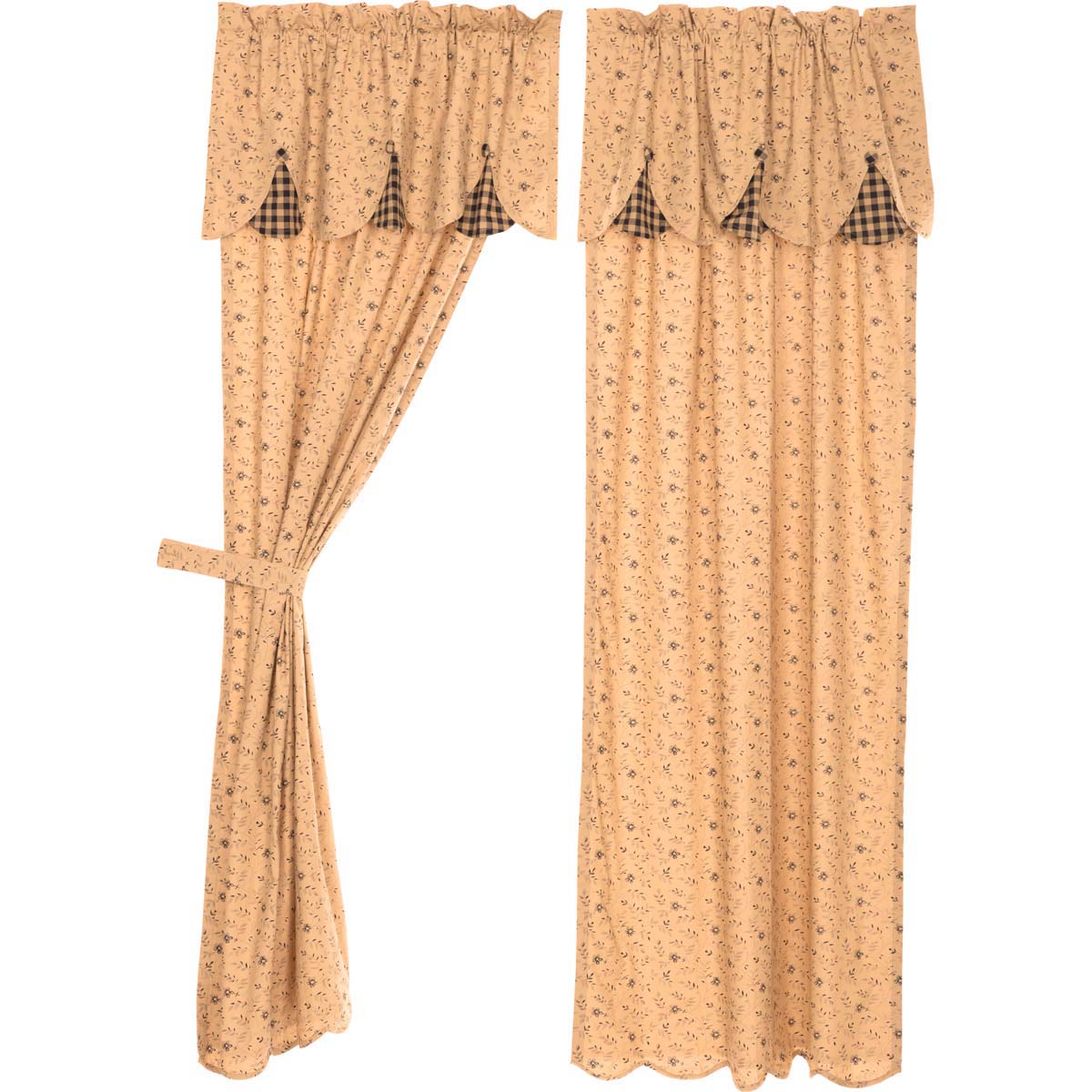 Maisie Panel Curtain with Attached Scalloped Layered Valance Country Style Curtain Set of 2 84