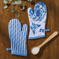 Thumbnail for Patricia Heaton Home Florals And Flitters Stripe Oven Mitt Blue Set of 2 Park Designs