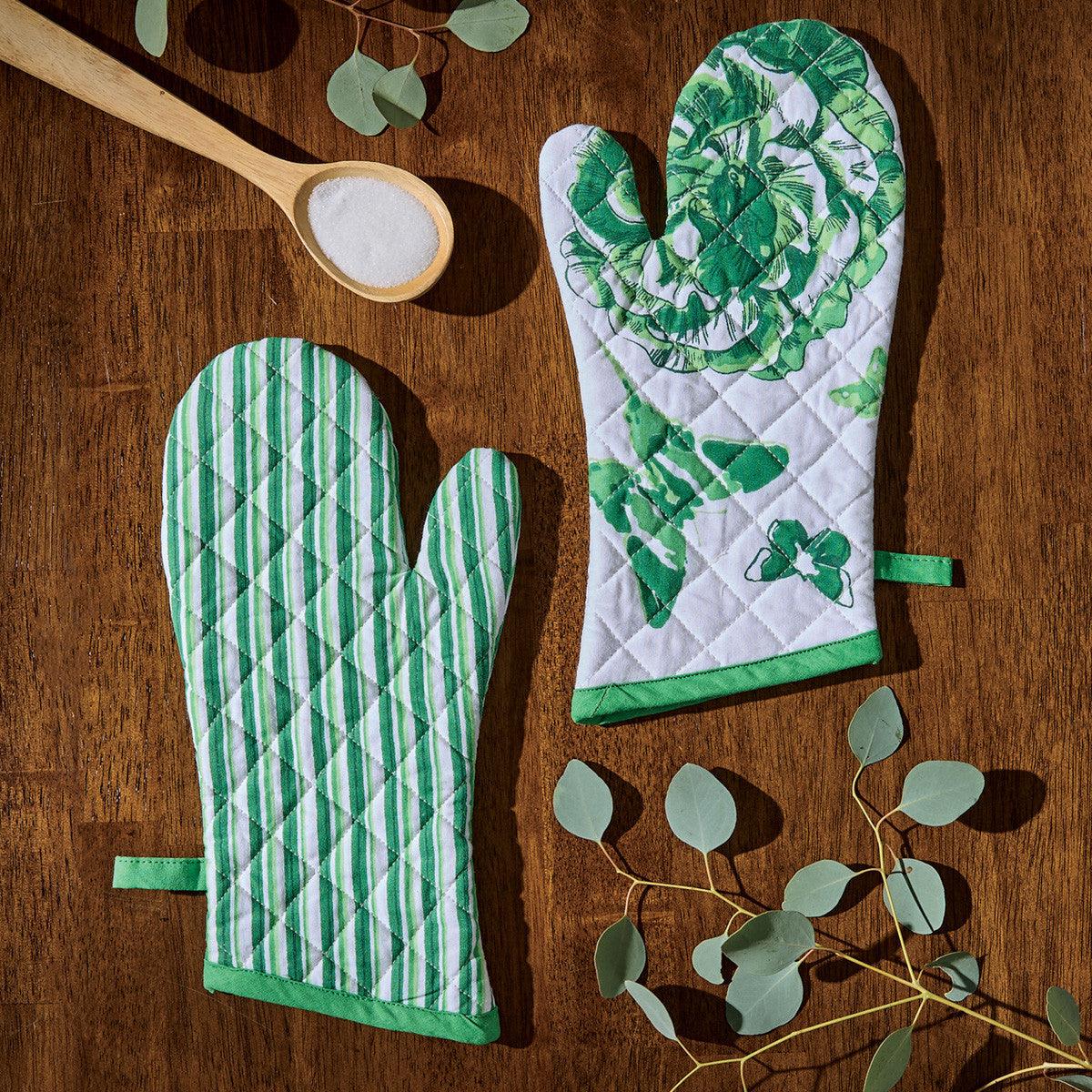 Patricia Heaton Home Florals And Flitters Stripe Oven Mitt Green Set of 2 Park Designs - The Fox Decor