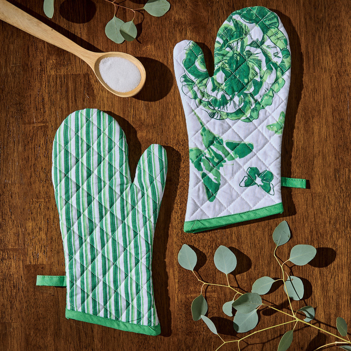Patricia Heaton Home Florals And Flitters Stripe Oven Mitt Green Set of 2 Park Designs