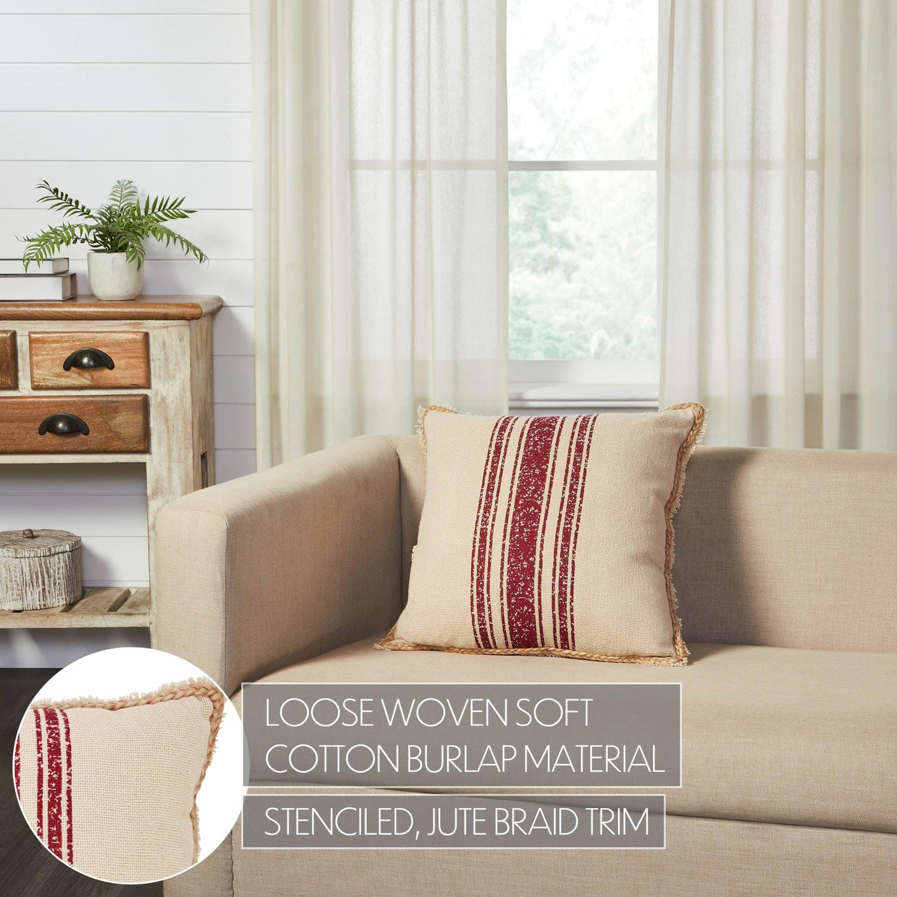 Vintage Burlap Stripe Red Pillow 18x18 - The Fox Decor