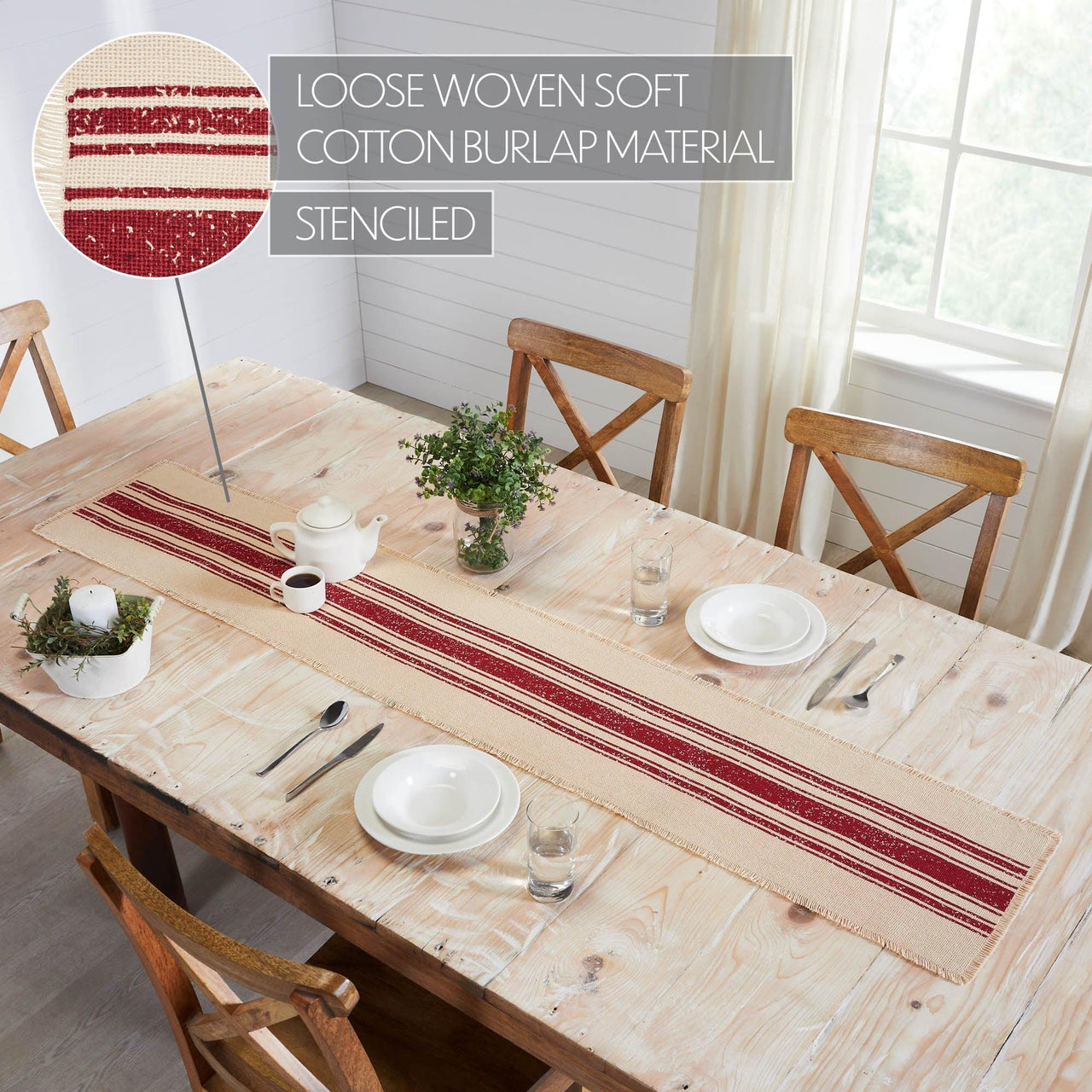 Yuletide Burlap Stripe Red Table Runner 13x72 VHC Brands