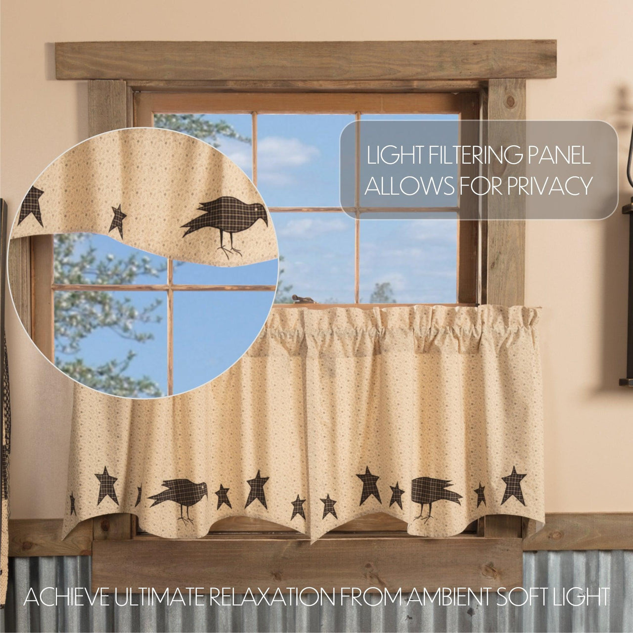 Kettle Grove Applique Crow and Star Tier Curtain Set of 2 L24xW36