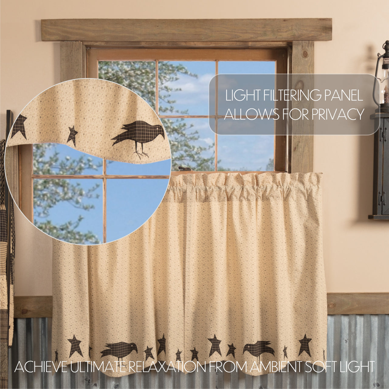 Kettle Grove Applique Crow and Star Tier Curtain Set of 2 L36xW36