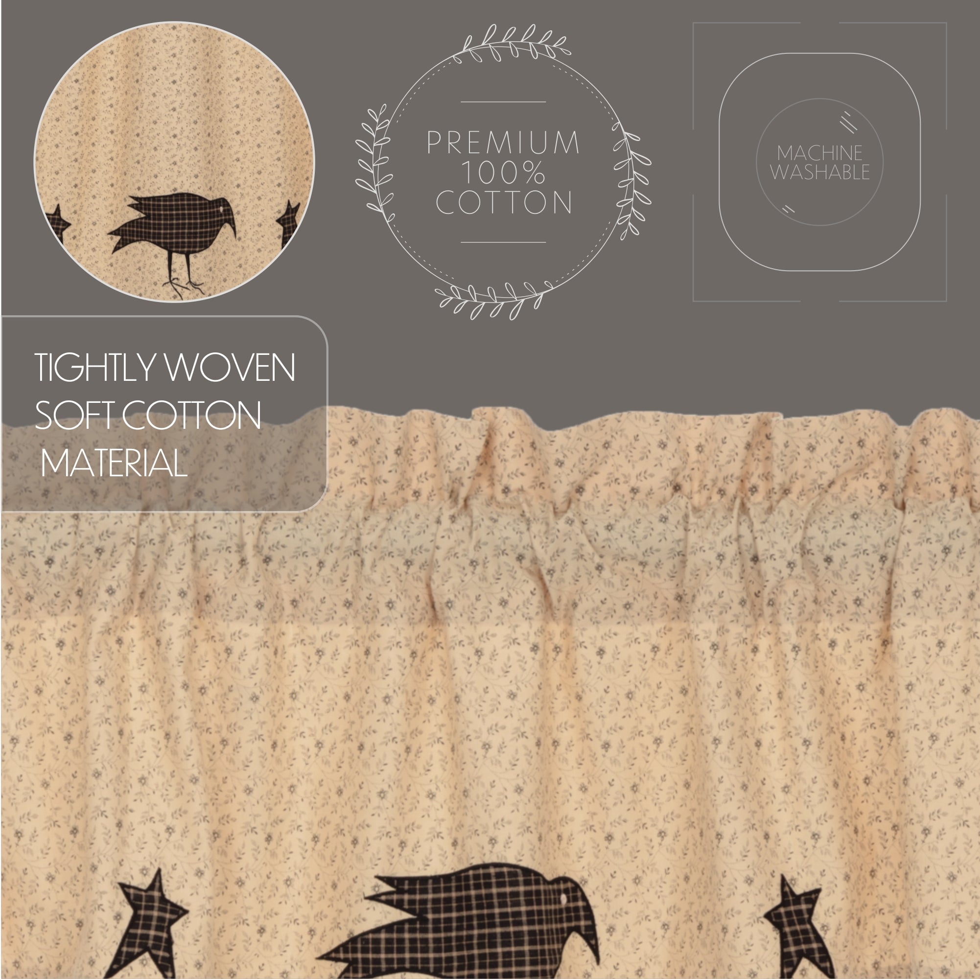 Kettle Grove Applique Crow and Star Tier Curtain Set of 2 L36xW36