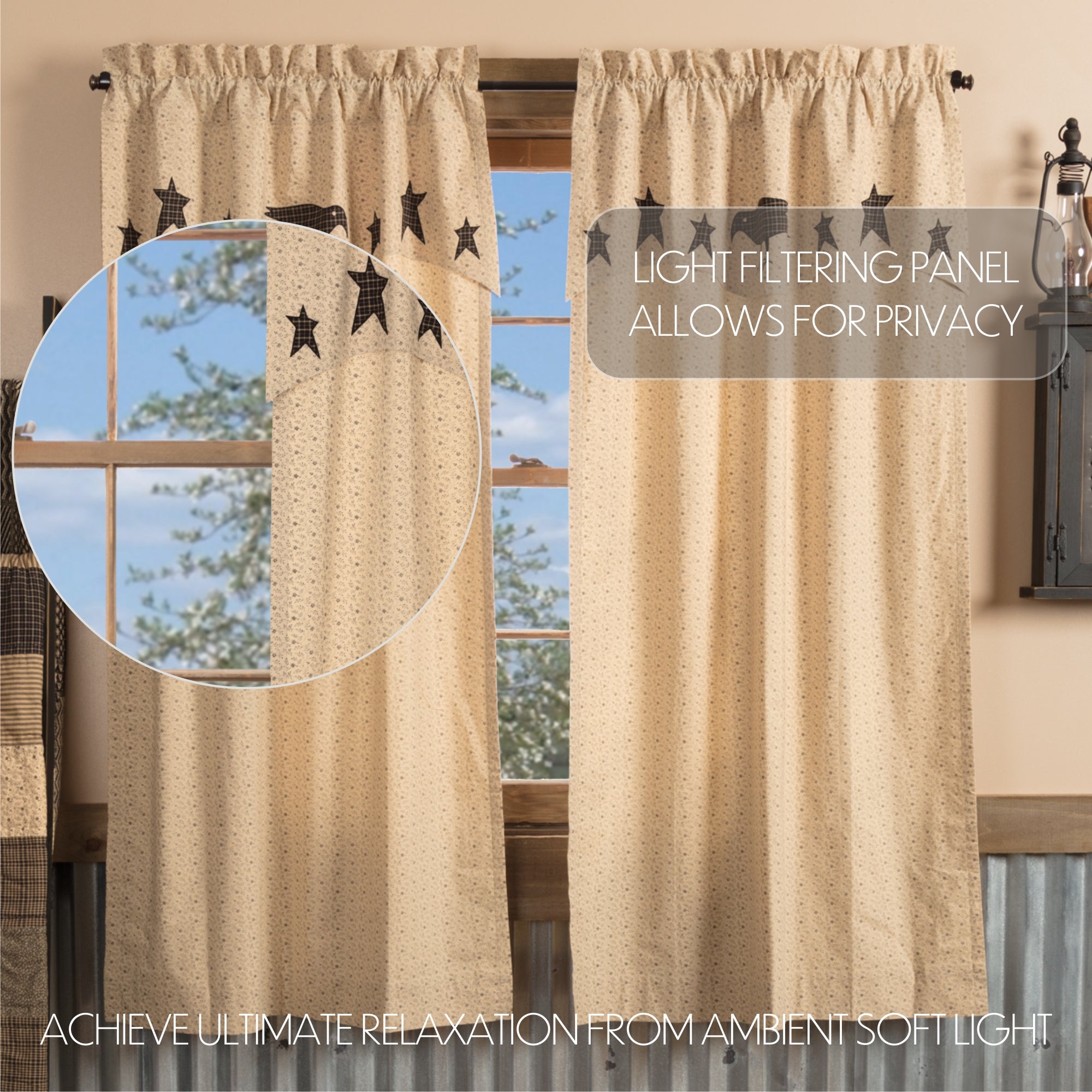 Kettle Grove Short Panel Curtain with Attached Applique Crow and Star Valance Set of 2 63x36 VHC Brands