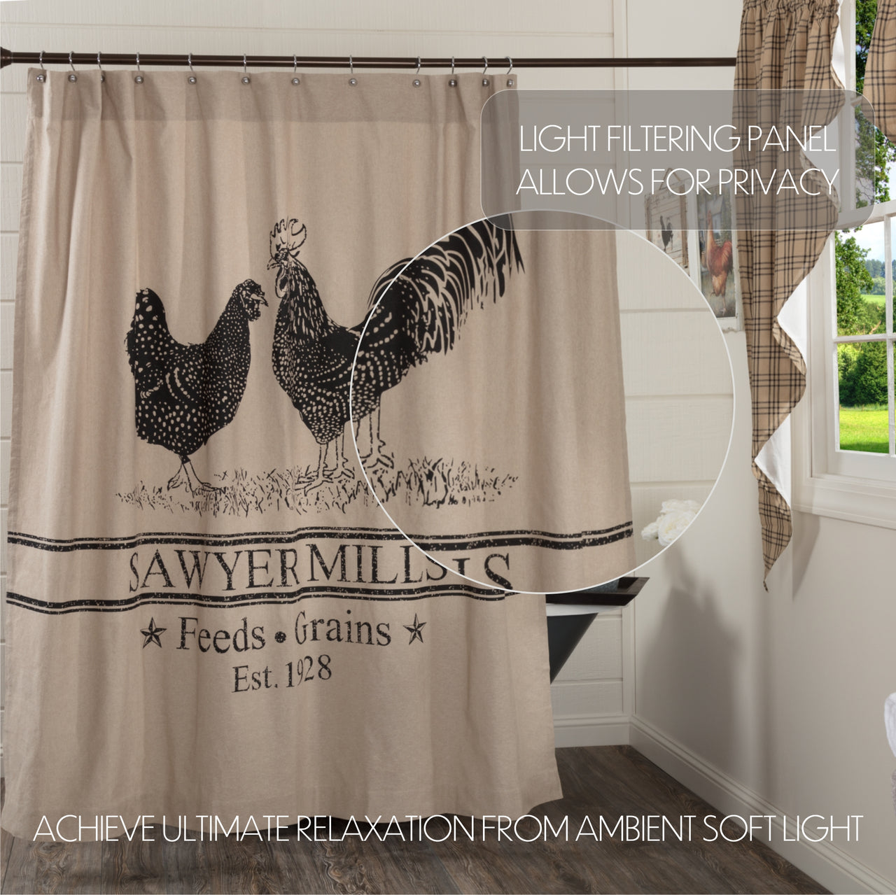 Sawyer Mill Charcoal Poultry Shower Curtain 72"x72"