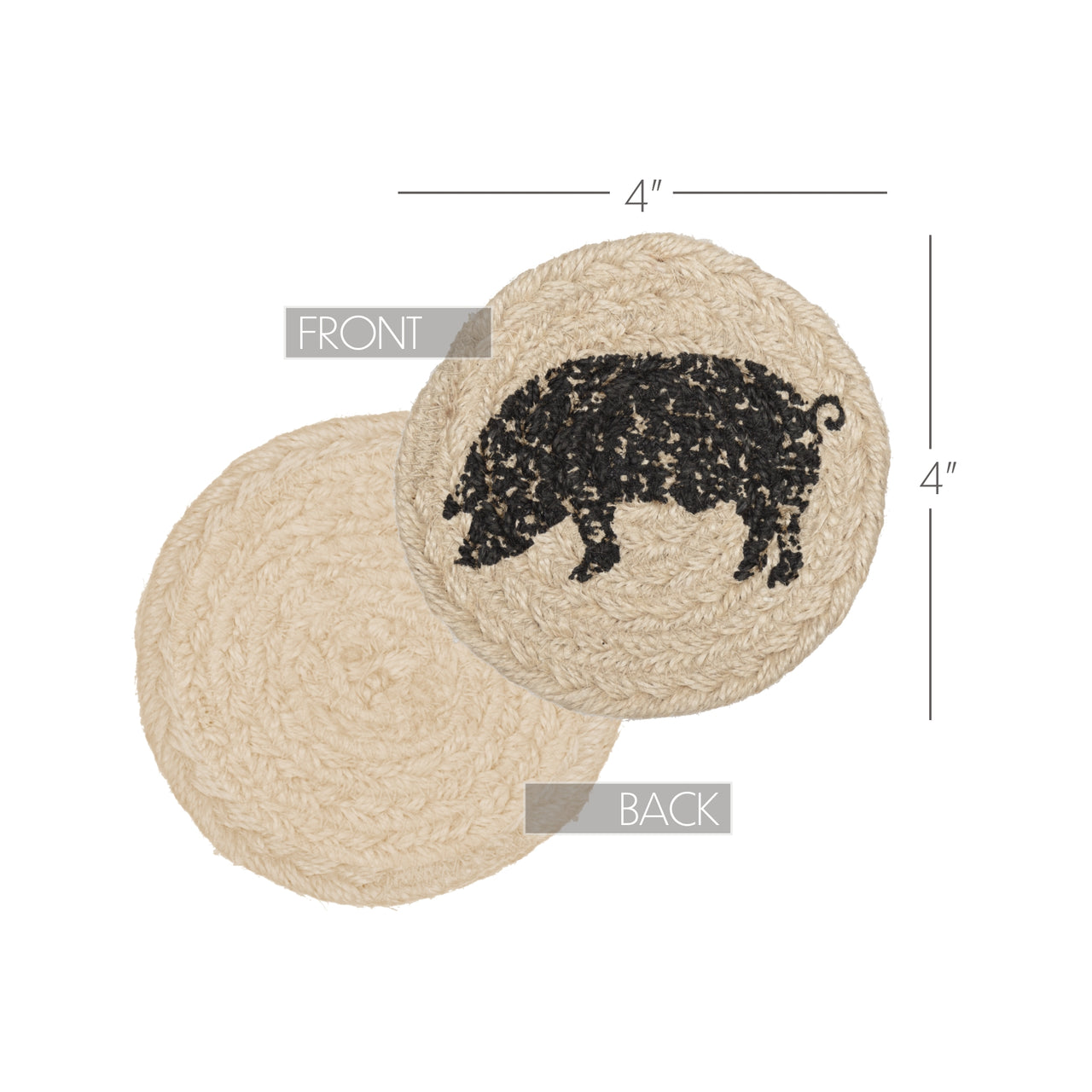 Sawyer Mill Charcoal Pig Jute Coaster Set of 6 VHC Brands