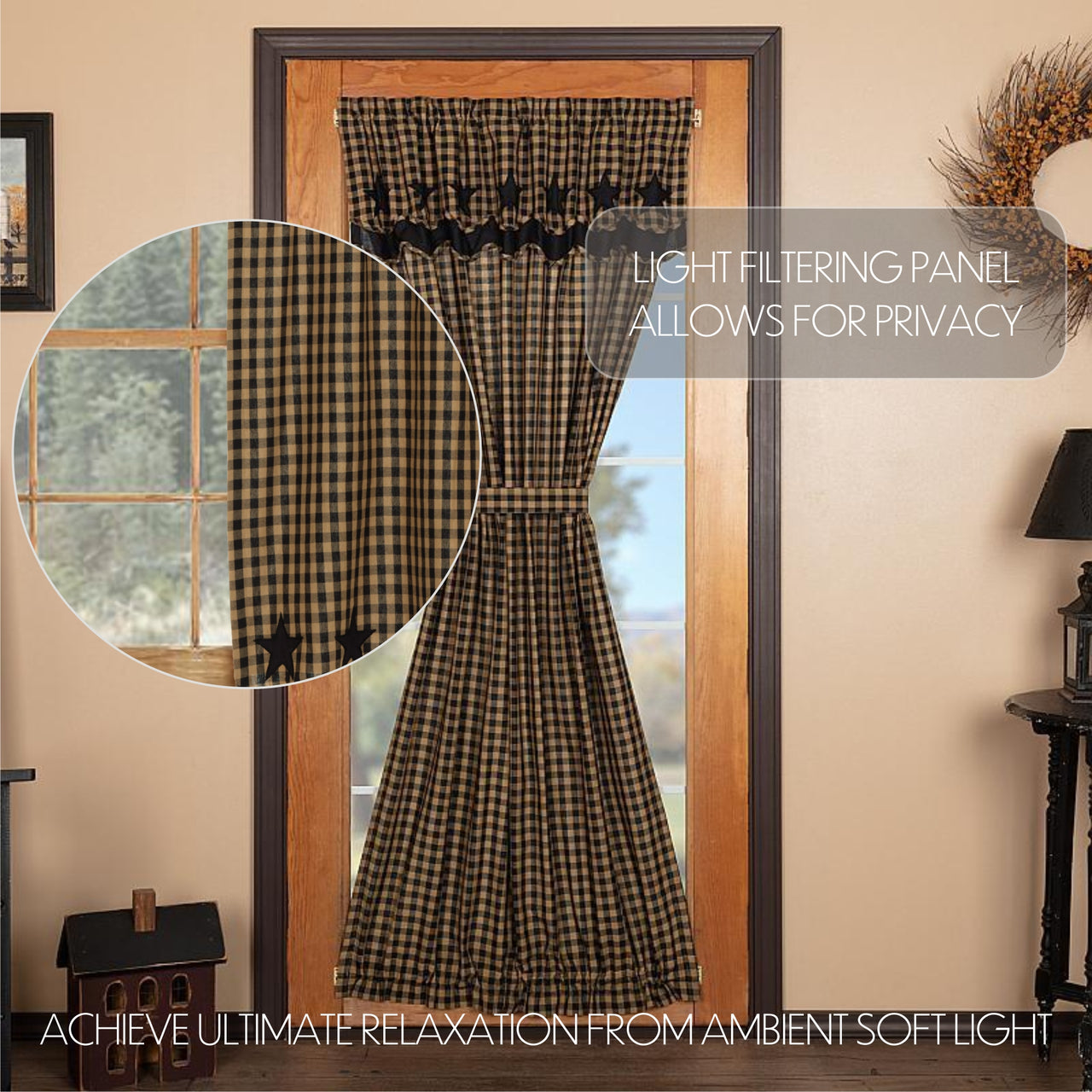 Black Star Door Panel Curtain with Attached Scalloped Layered Valance 72"x40" - The Fox Decor
