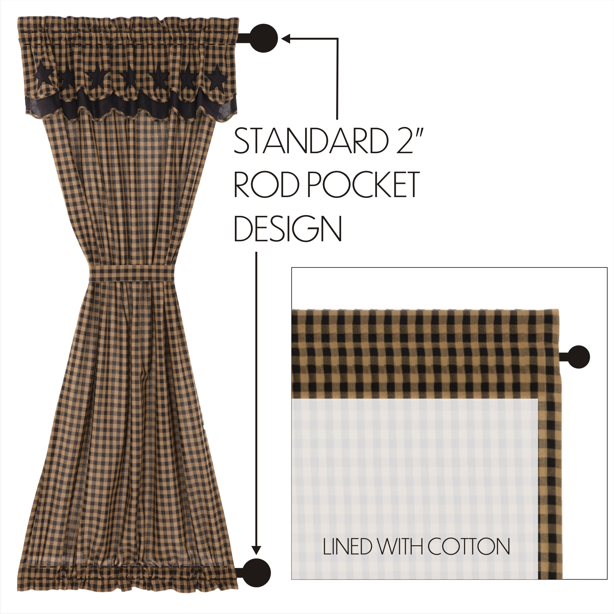 Black Star Door Panel Curtain with Attached Scalloped Layered Valance 72