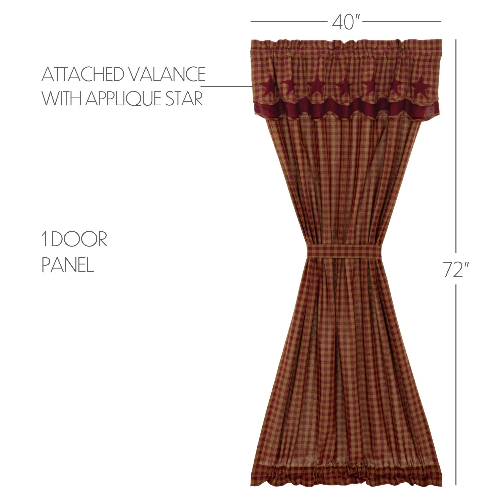 Burgundy Star Door Panel with Attached Scalloped Layered Valance 72