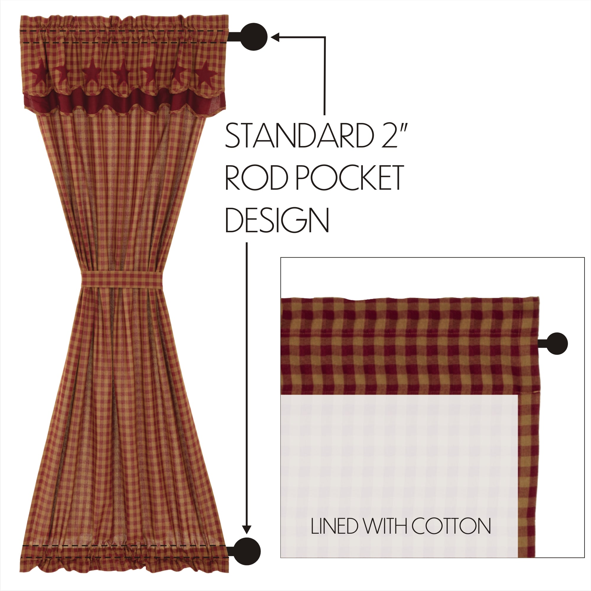 Burgundy Star Door Panel with Attached Scalloped Layered Valance 72